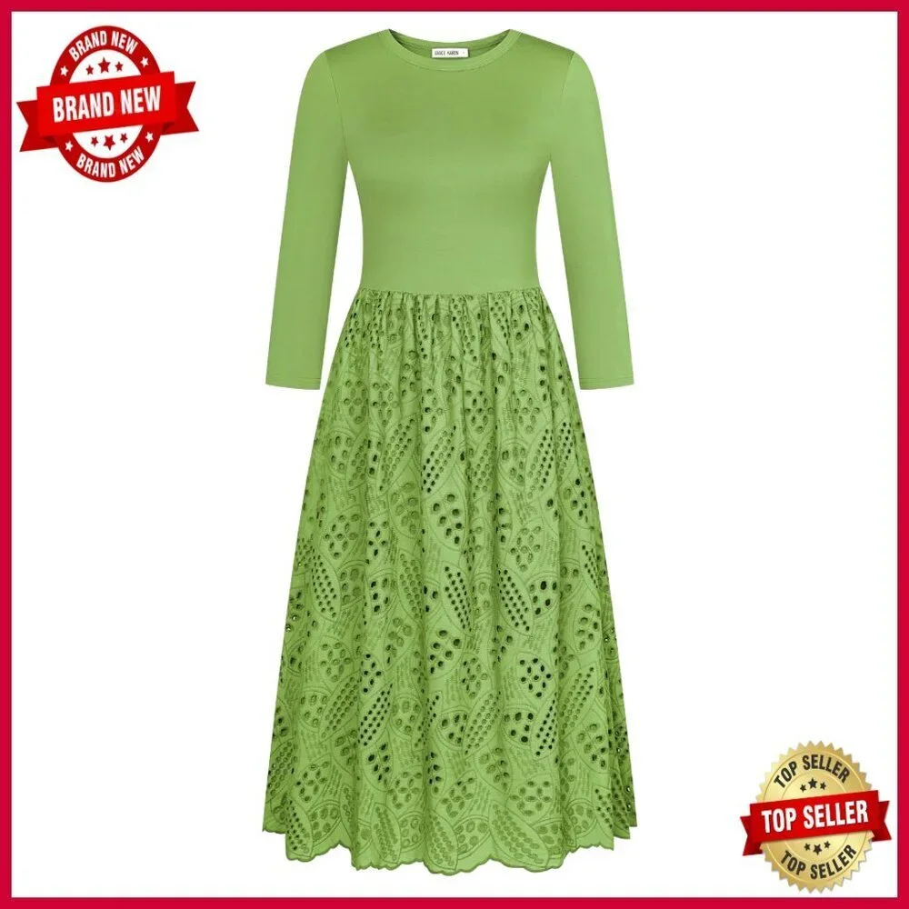 3/4 Sleeve Eyelet Midi Dress with Pockets A-Line Empire Waist Casual Flowy